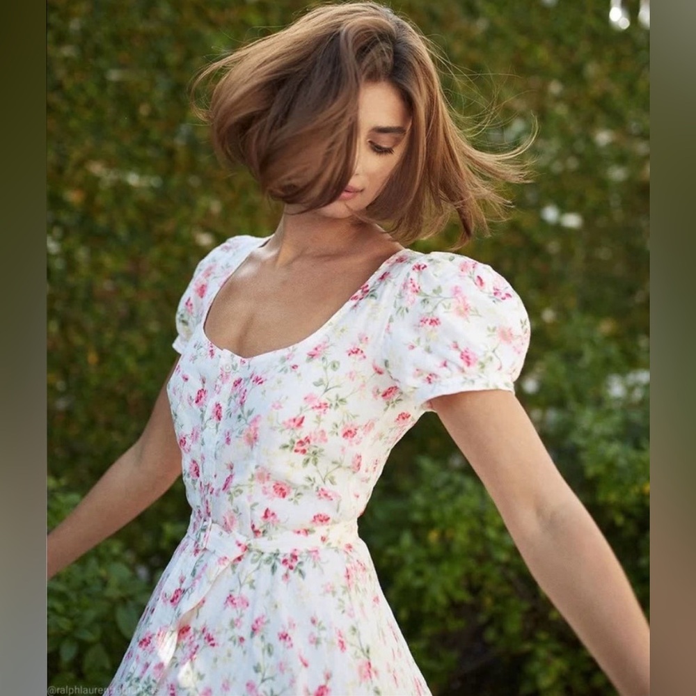 POLO Ralph Lauren Linen Floral Sweet Pea Garden Party Midi Dress Size 8